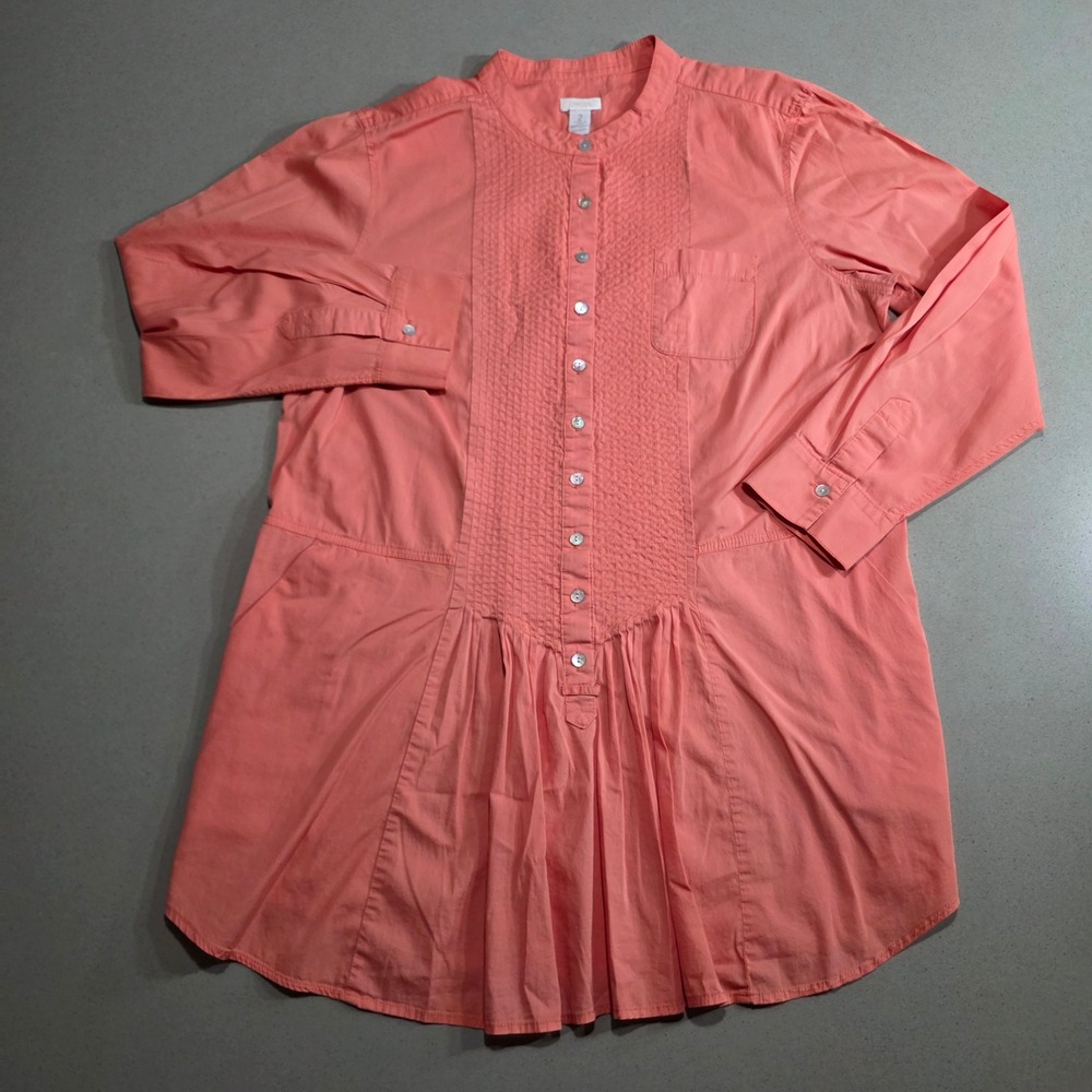Chico's Coral Pink Pleated Bib Tunic Button Down Top Size 2 L Large